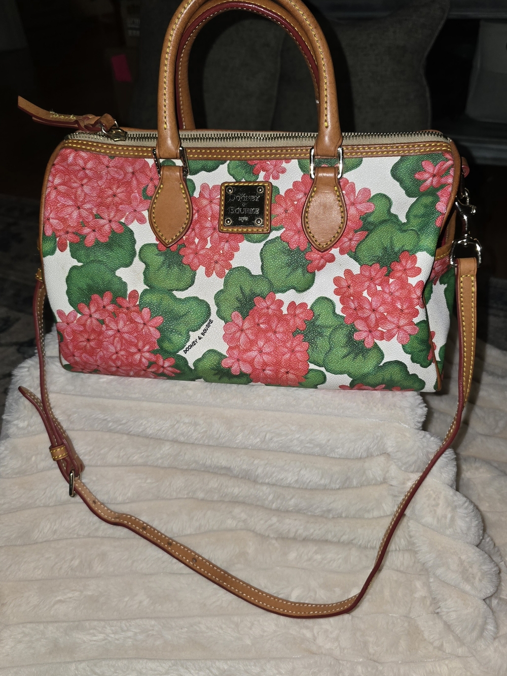 Dooney & Bourke Pink Floral Satchel Tan Leather Trim + Coin Purse & Keychain